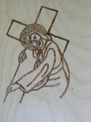Jesus Carrying Cross - wood burnt